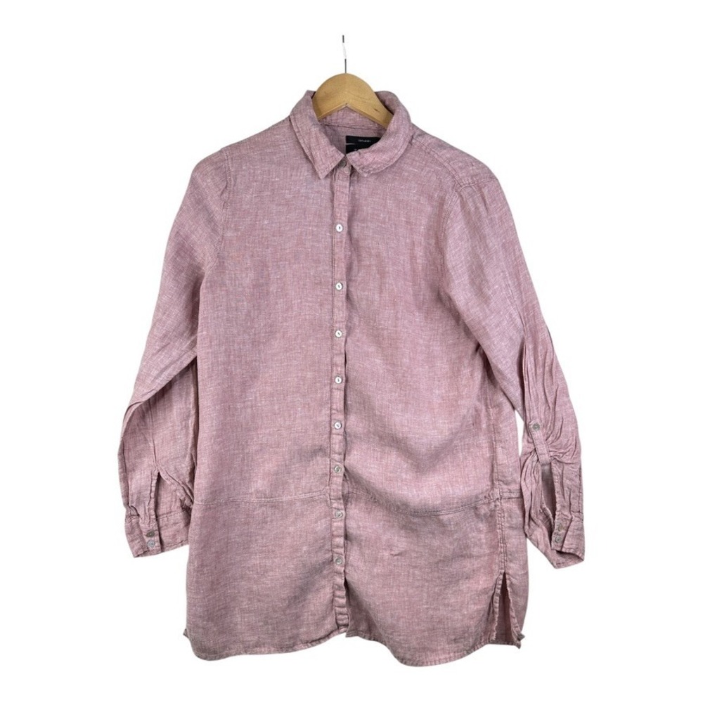 TAHARI 100% Linen Pink‎ Tunic Shirt Dress Roll Tab Sleeve Lagenlook Size Medium
